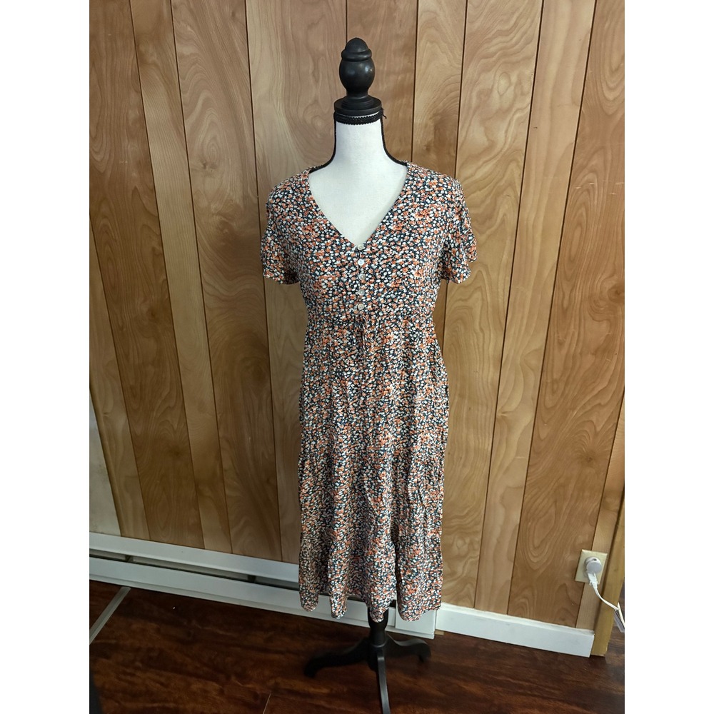 Shein Womens Floral Midi Dress Orange Navy Ditsy Print V-Neck Tiered Size L
